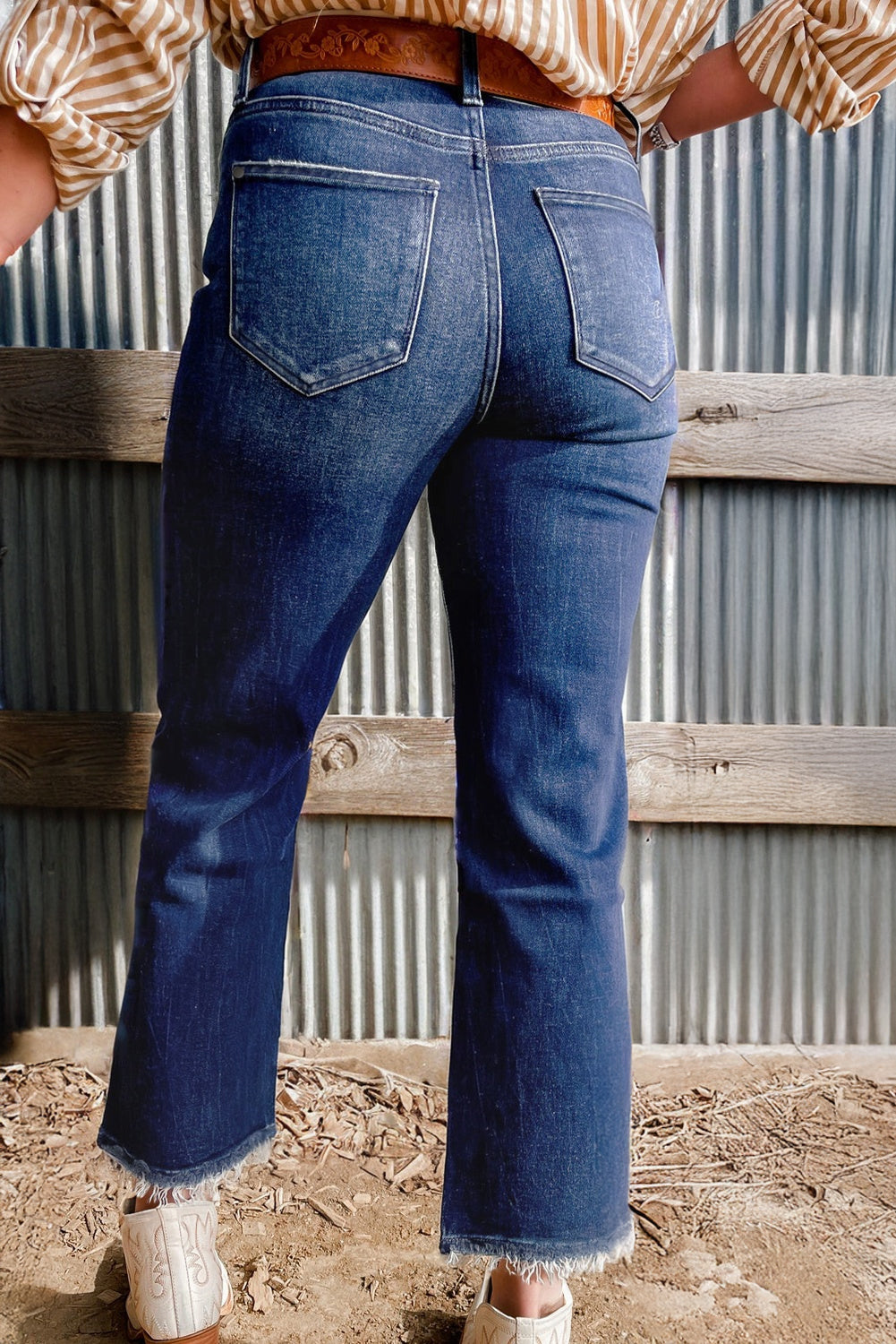 Hazel Blues® |  Sail Blue Turquoise Pattern Raw Edge Cropped High Waist Jeans