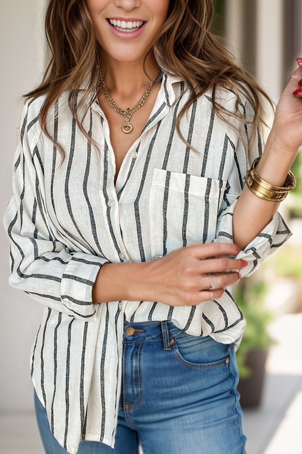 Hazel Blues® |  Pocketed Striped Collared Neck Long Sleeve Shirt