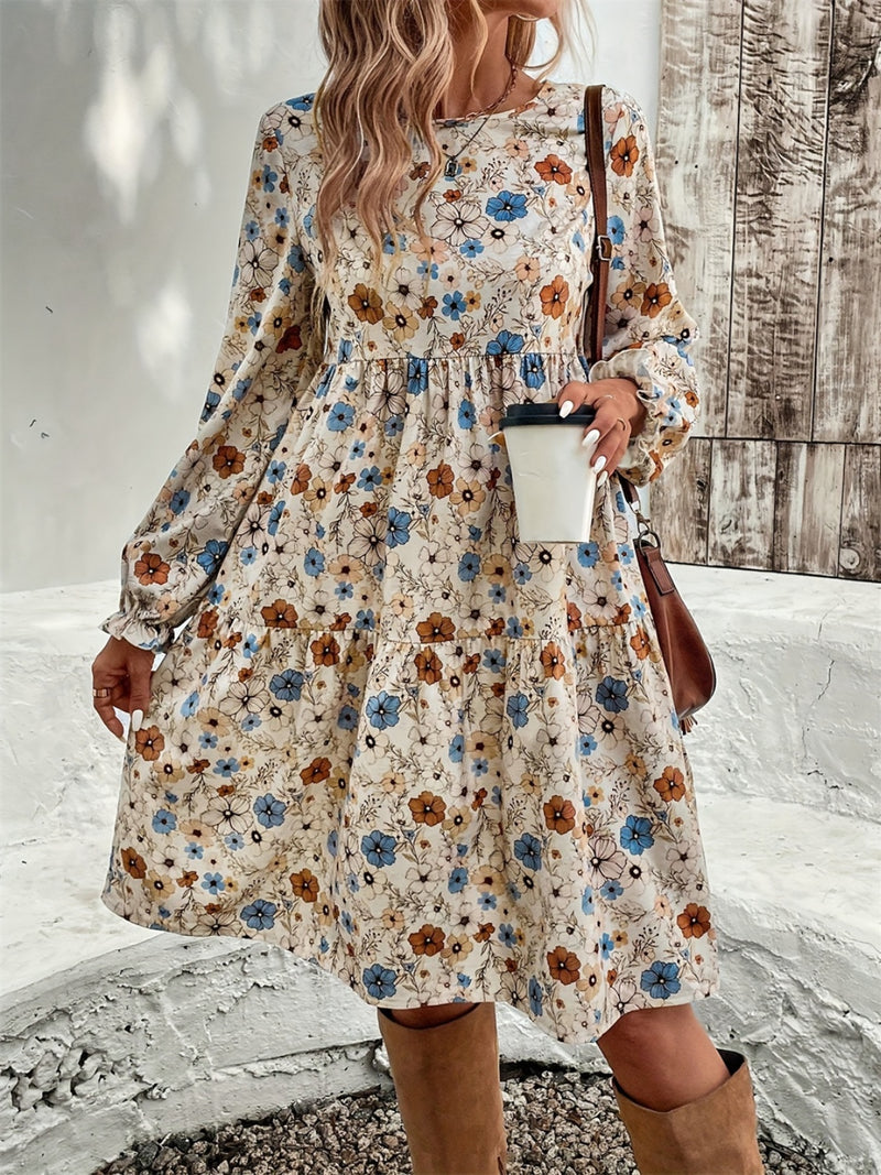 Hazel Blues® |  Ruffled Printed Round Neck Long Sleeve Dress