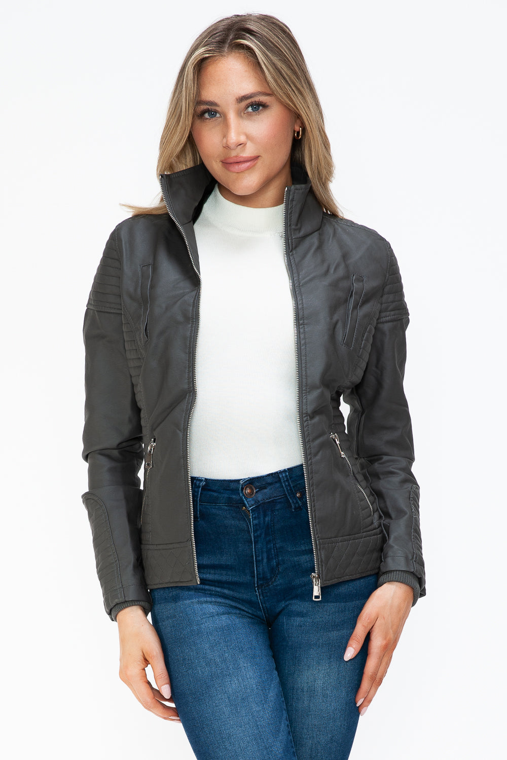 Hazel Blues® |  YMI Faux Layered Double-Zipper Jacket with Fuzzy Hood