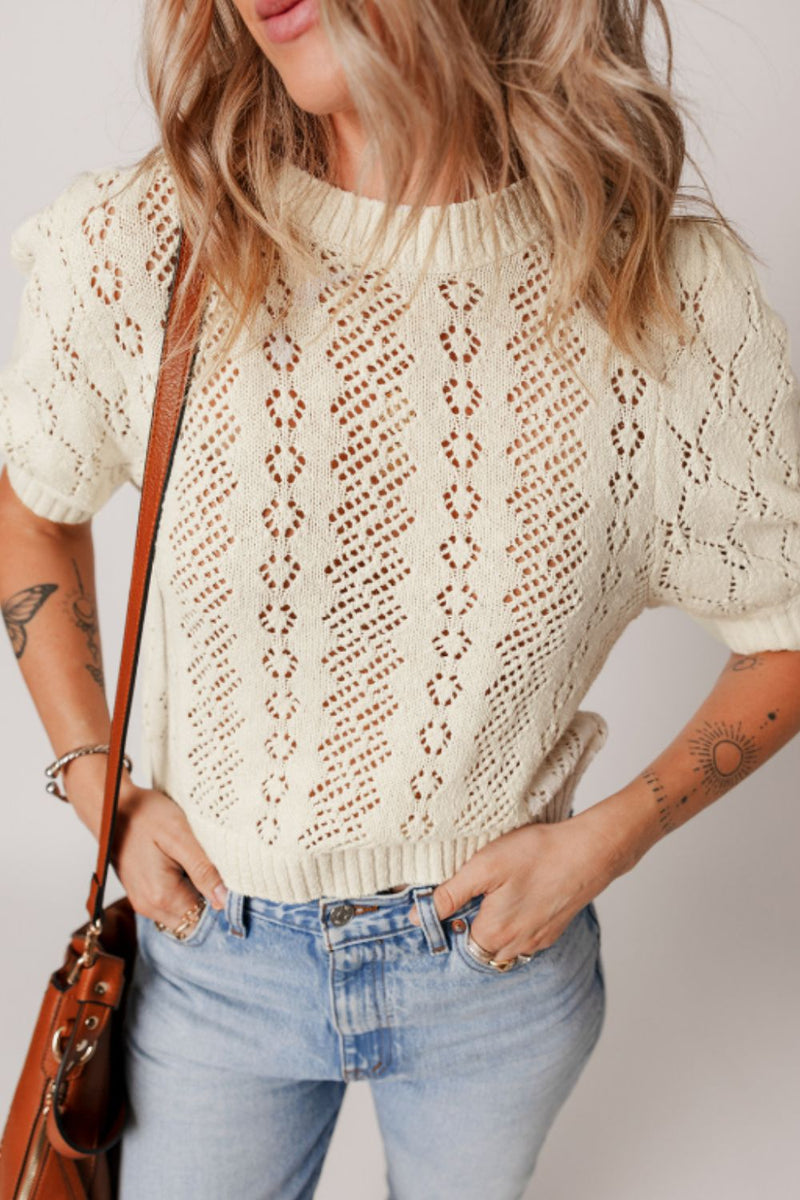 Hazel Blues® |  Hollowed Round Neck Half Sleeve Sweater