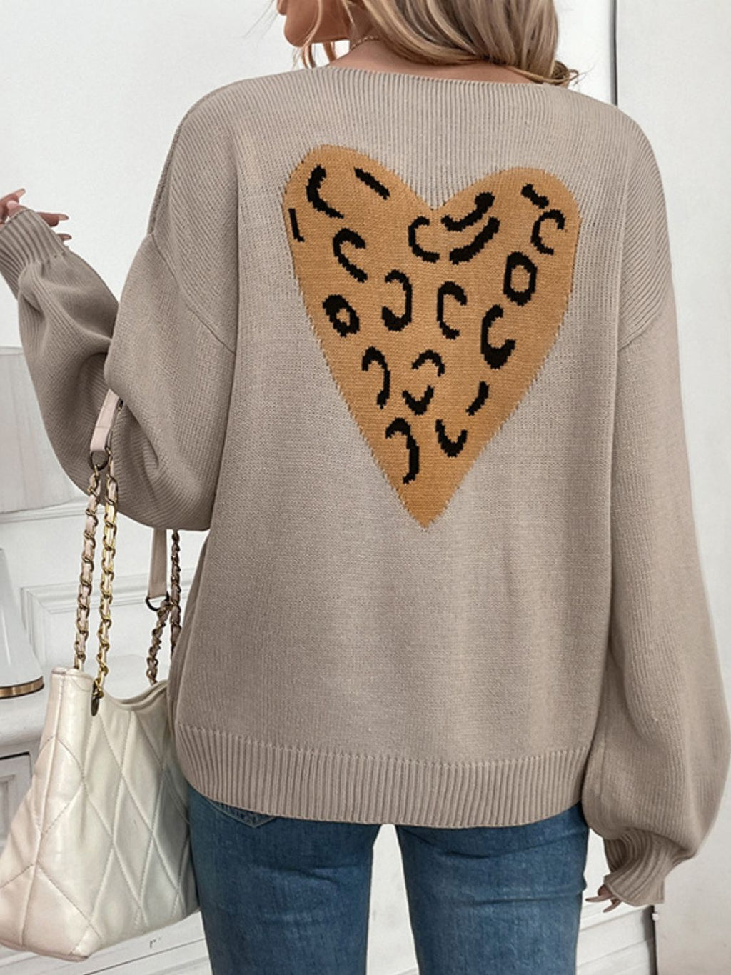 Hazel Blues® |  Perfee Tied Contrast Heart V-Neck Long Sleeve Cardigan