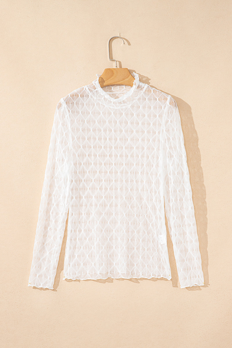 Hazel Blues® |  Beige Sheer Mesh Patterned Lettuce Trim Slim Long Sleeve Top