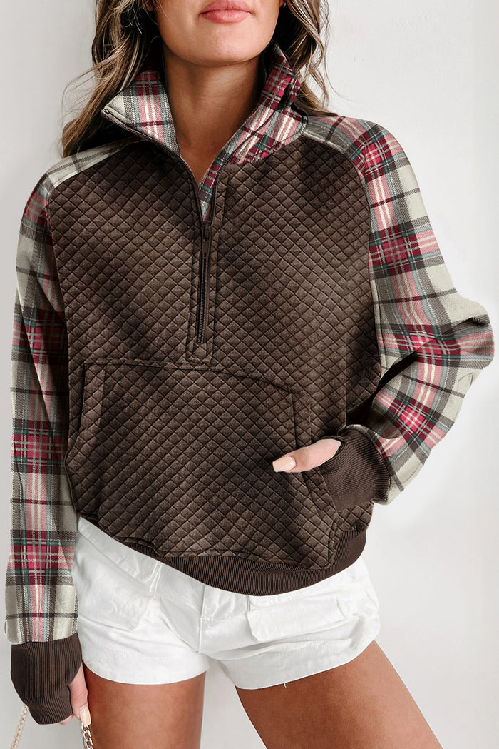 Hazel Blues® |  Plaid Half Zip Long Sleeve Sweatshirt