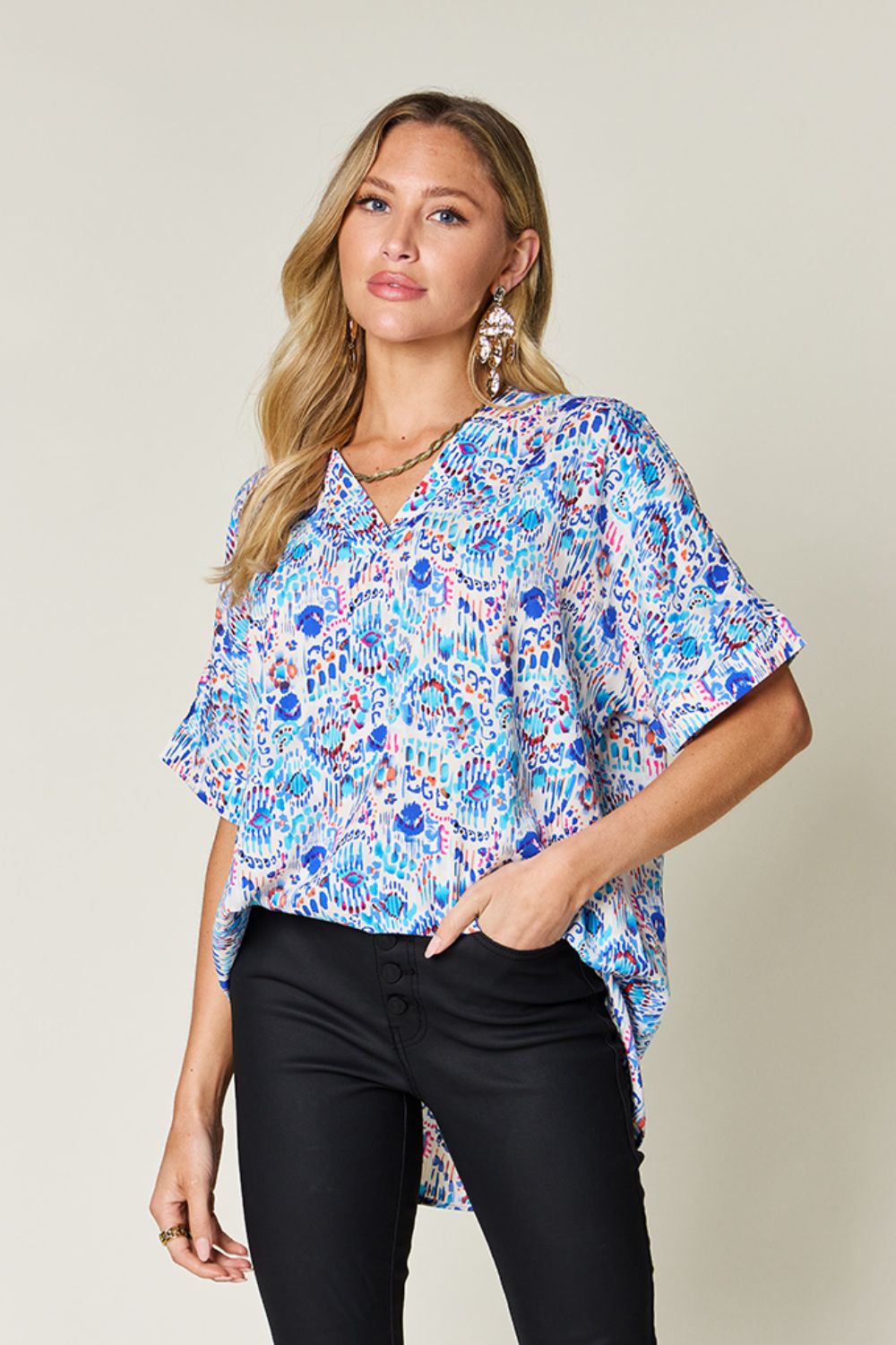 Hazel Blues® |  Double Take Printed V-Neck Short Sleeve Blouse