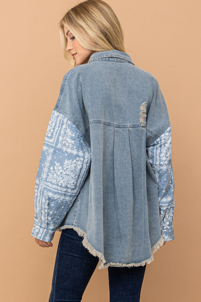 Hazel Blues® |  And The Why Paisley Print Quilted Sleeves Denim Jacket