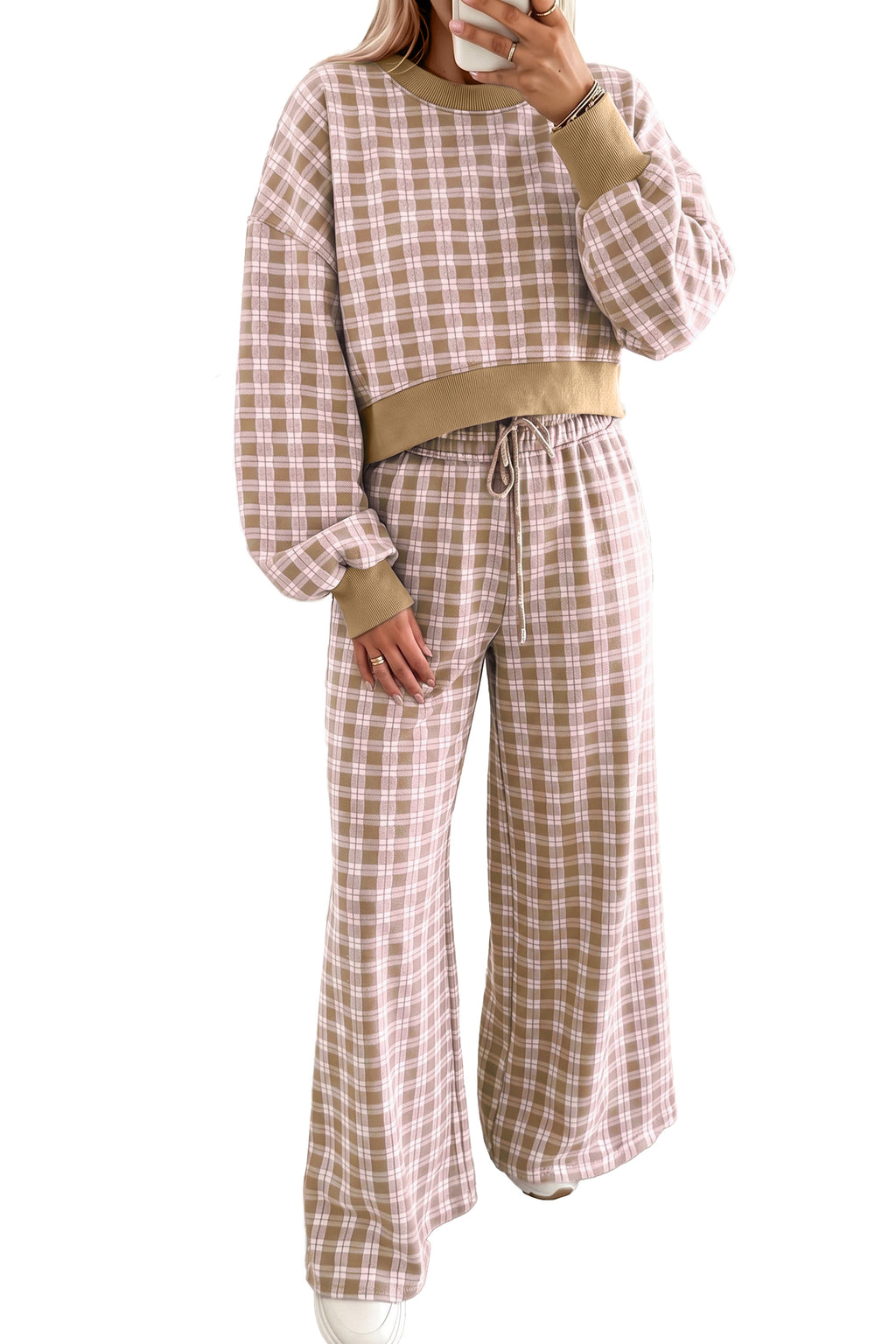 Pink Plaid Colorblock Pant Set