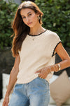 Hazel Blues® |  Beige Contrast Trim Boxy Fit Knit Short Sleeve Sweater Top