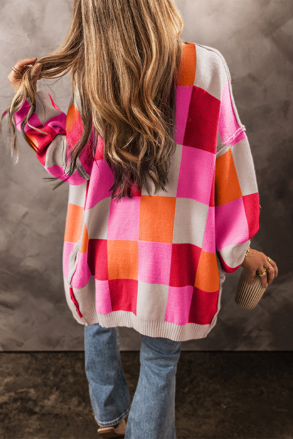 Red Light Checkered Drop-Shoulder Exposed Seam Open-Front Cardigan