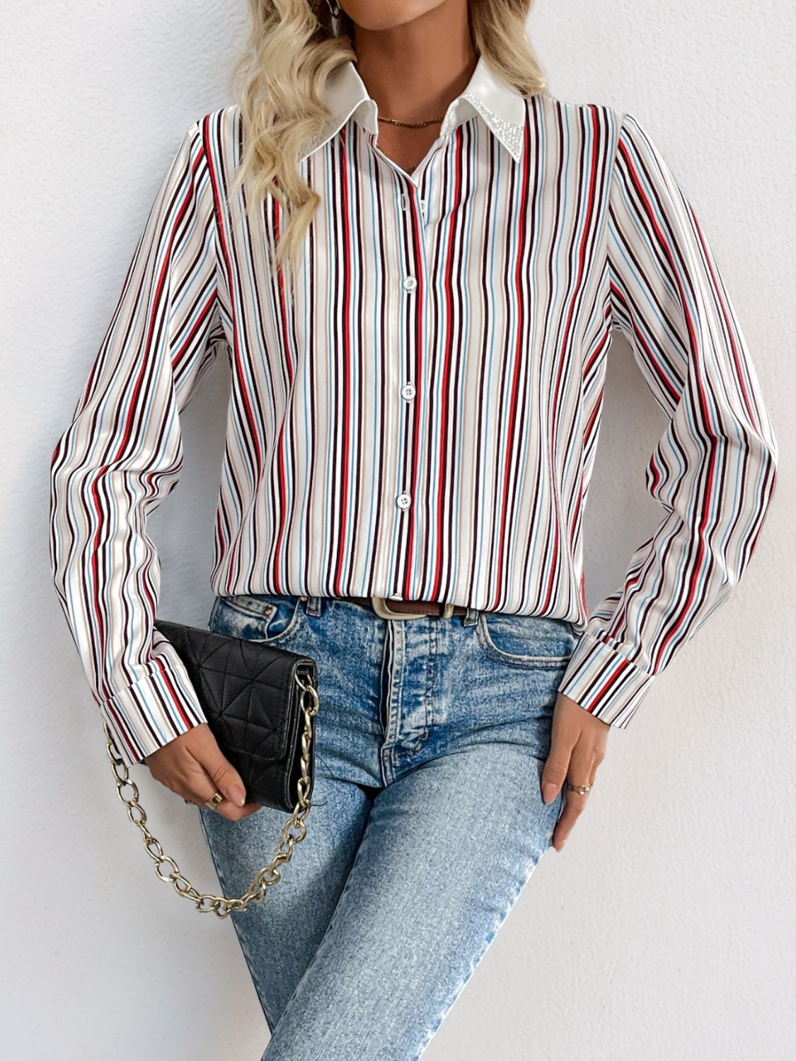 Hazel Blues® |  Perfee Contrast Striped Collared Neck Long Sleeve Shirt