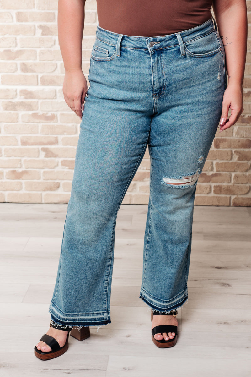 Hazel Blues® |  Isla Mid Rise Distressed Released Hem Bootcut Jeans