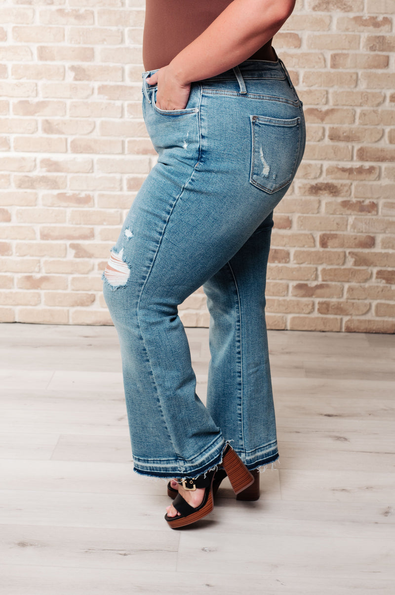 Hazel Blues® |  Isla Mid Rise Distressed Released Hem Bootcut Jeans