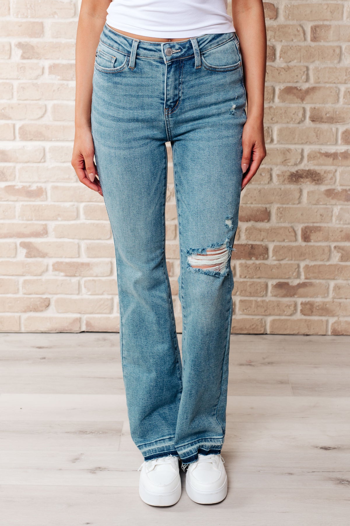 Hazel Blues® |  Isla Mid Rise Distressed Released Hem Bootcut Jeans