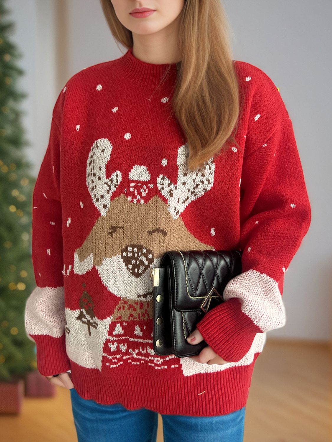 Reindeer Mock Neck Long Sleeve Sweater