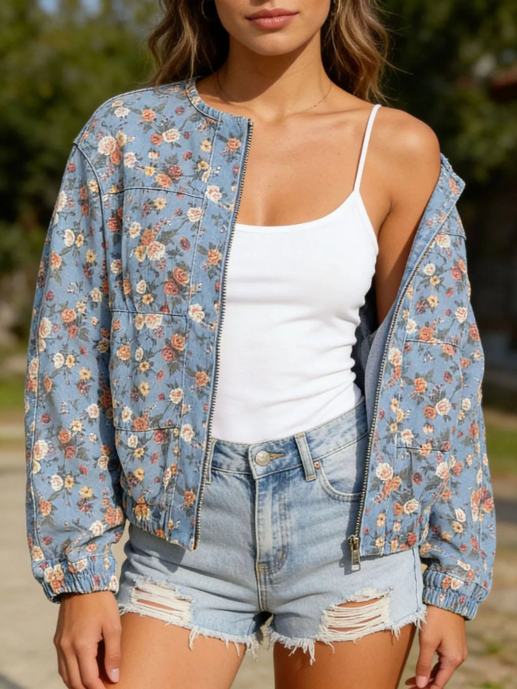 Hazel Blues® | Floral Print Zip Up Denim Jacket