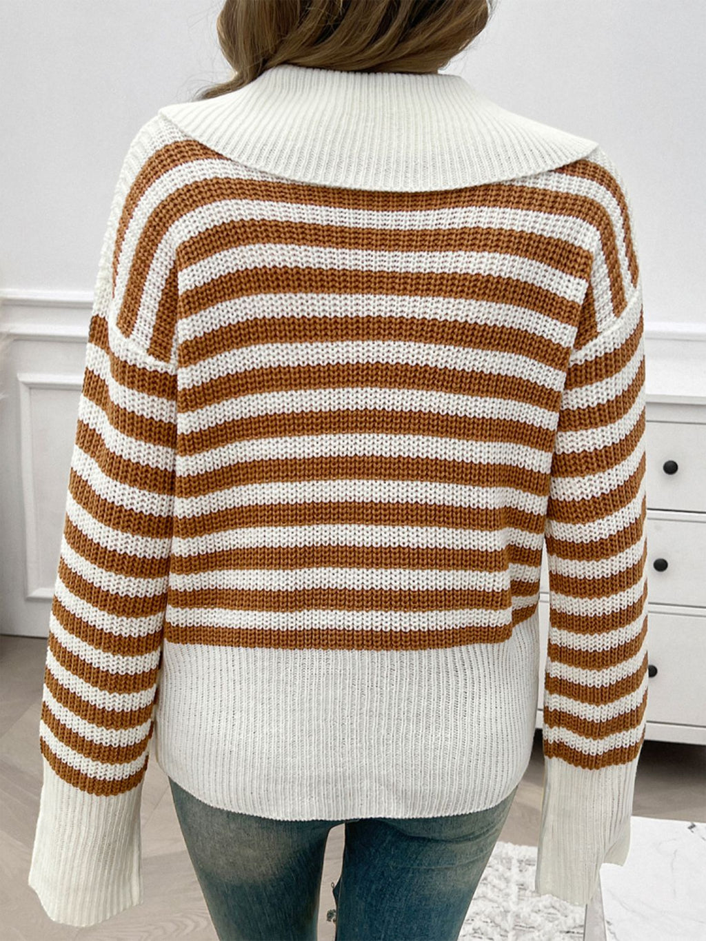 Hazel Blues® |  Striped Collared Neck Long Sleeve Sweater