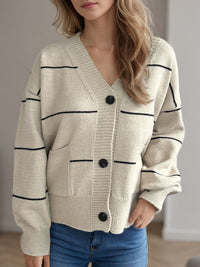 Hazel Blues® |  Striped Button Down V-Neck Long Sleeve Cardigan