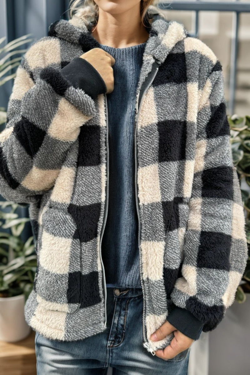 Hazel Blues® |  Double Take Plaid Long Sleeve Hooded Coat