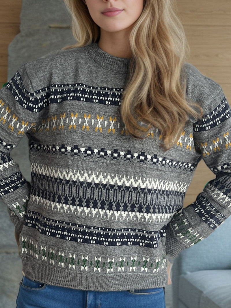 Hazel Blues® |  Geometric Round Neck Long Sleeve Sweater