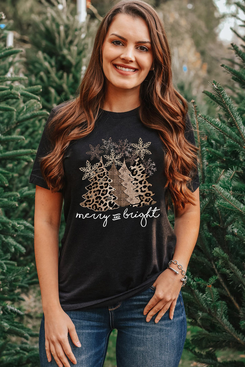 Hazel Blues® |  Black Leopard Christmas Tree Graphic Crew Neck T Shirt
