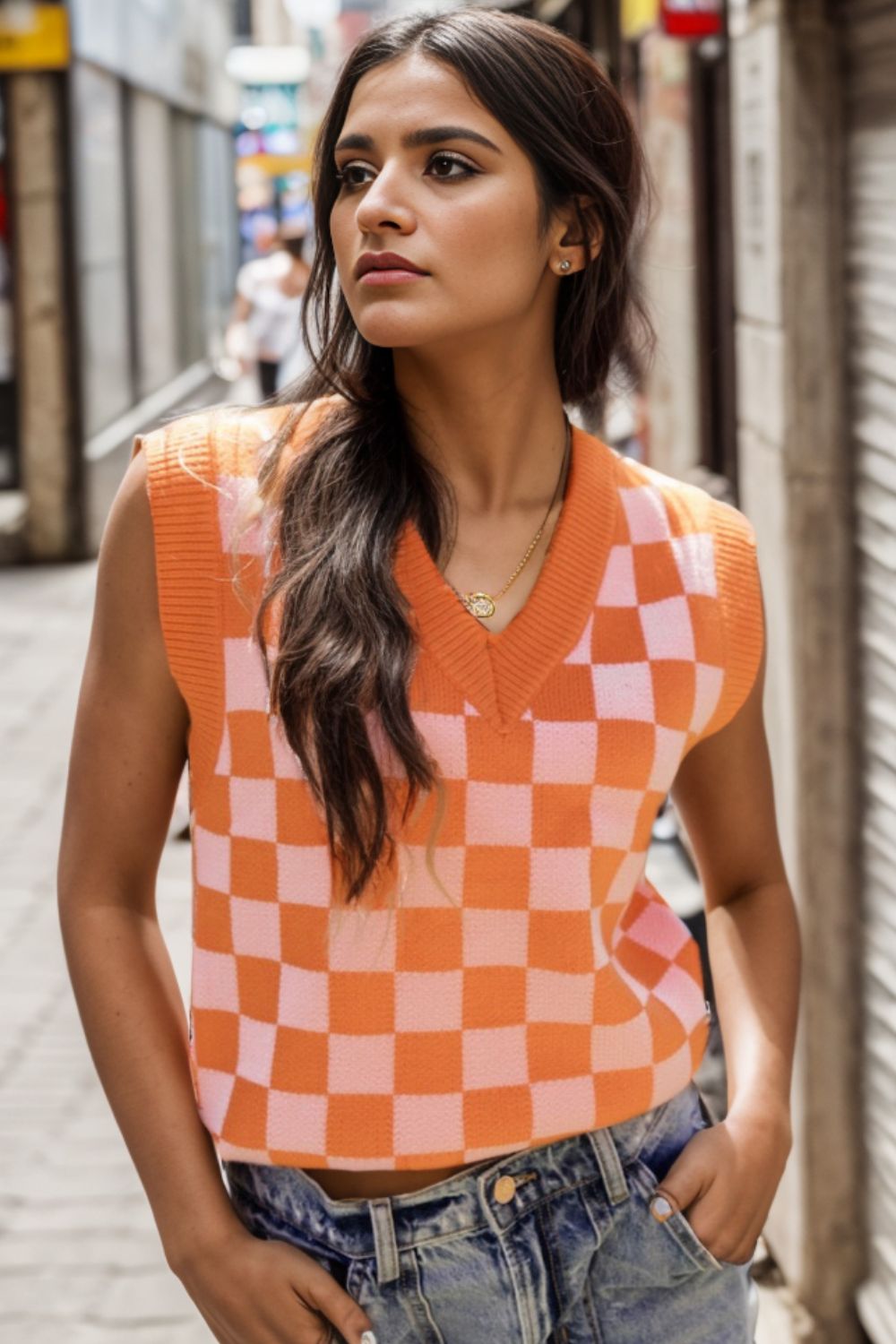 Hazel Blues® |  Checkered V-Neck Sweater Vest