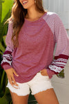 Hazel Blues® |  Black Contrast Print Striped Raglan Long Sleeve Loose Top