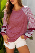Hazel Blues® |  Black Contrast Print Striped Raglan Long Sleeve Loose Top