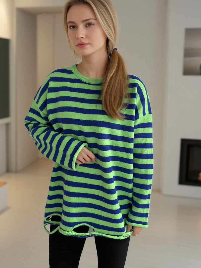 Hazel Blues® |  Distressed Striped Round Neck Long Sleeve Sweater