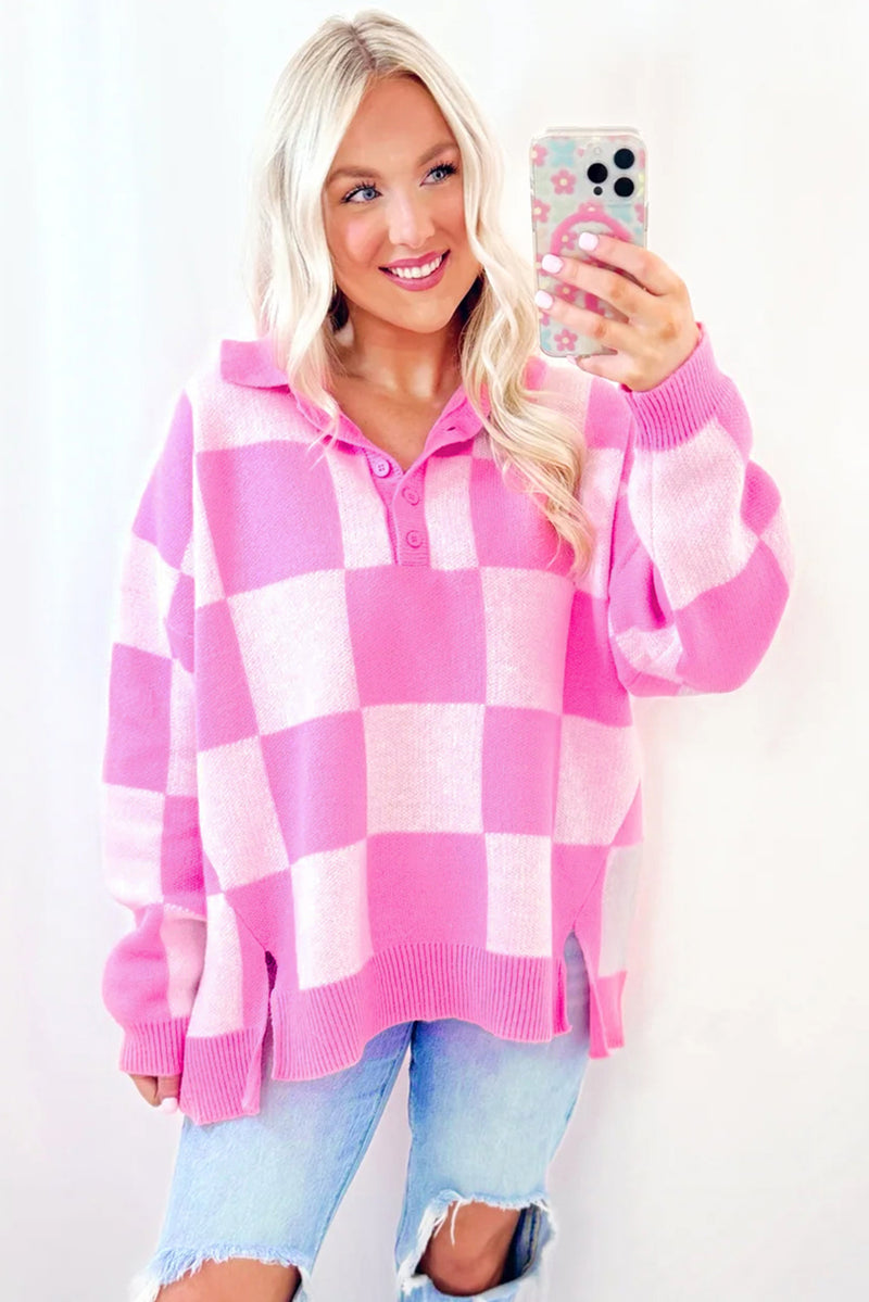 Hazel Blues® |  Slit Checkered Half Button Long Sleeve Sweater