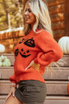 Hazel Blues® |  Orange Halloween Pumpkin Face Pattern Drop Shoulder Sweater