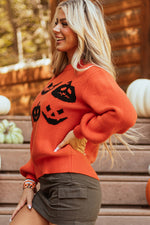 Hazel Blues® |  Orange Halloween Pumpkin Face Pattern Drop Shoulder Sweater