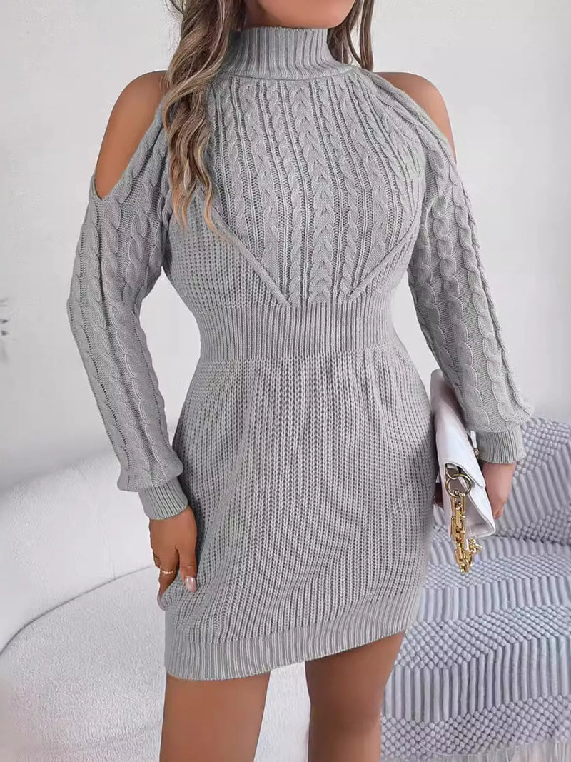 Hazel Blues | Cold Shoulder Cable Knit Turtleneck Sweater Dress Hazel Blues | Cold Shoulder Cable Knit Turtleneck Sweater Dress