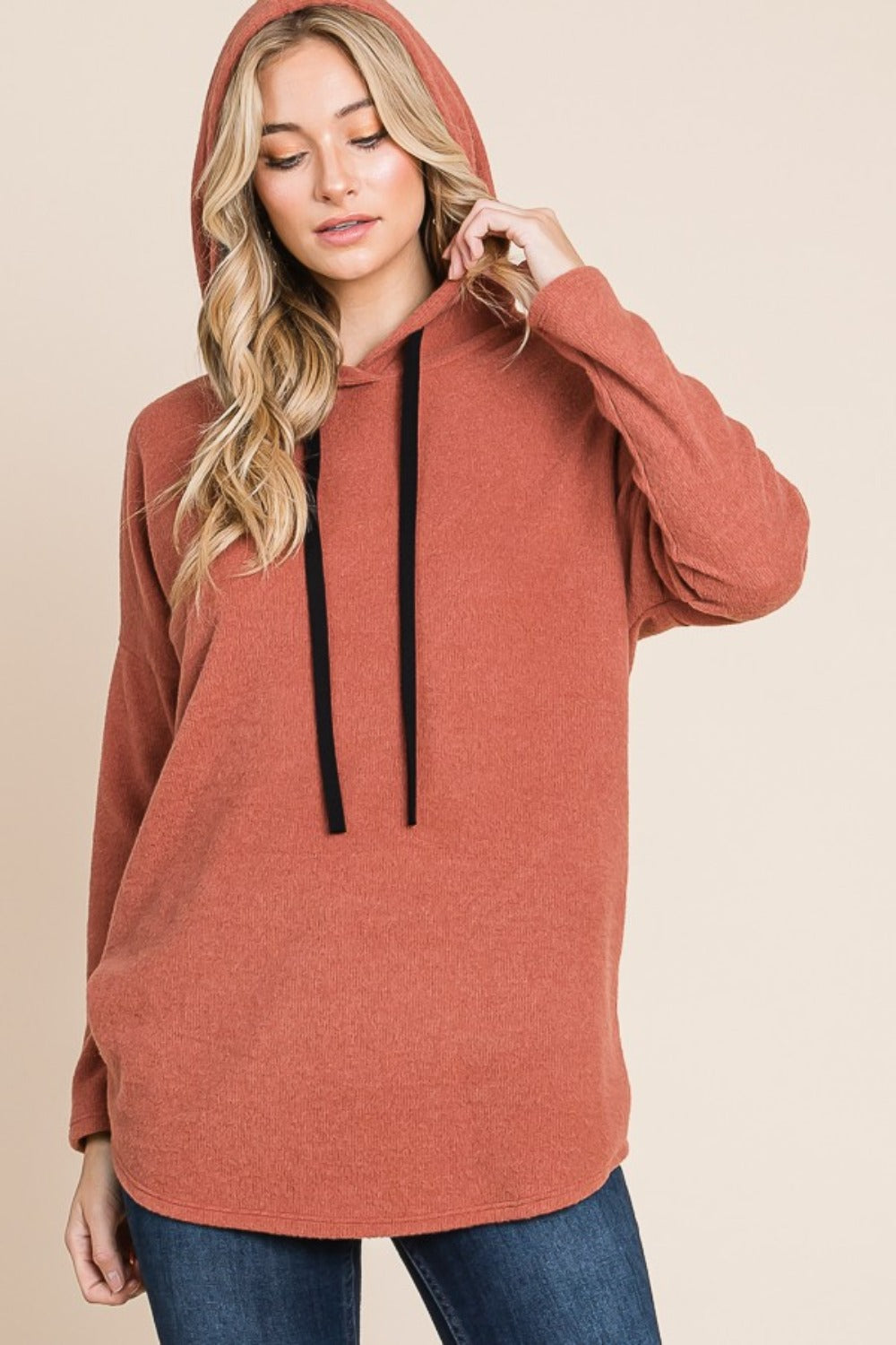 Hazel Blues® |  BOMBOM Contrast Drawstring Drop Shoulder Knit Hoodie