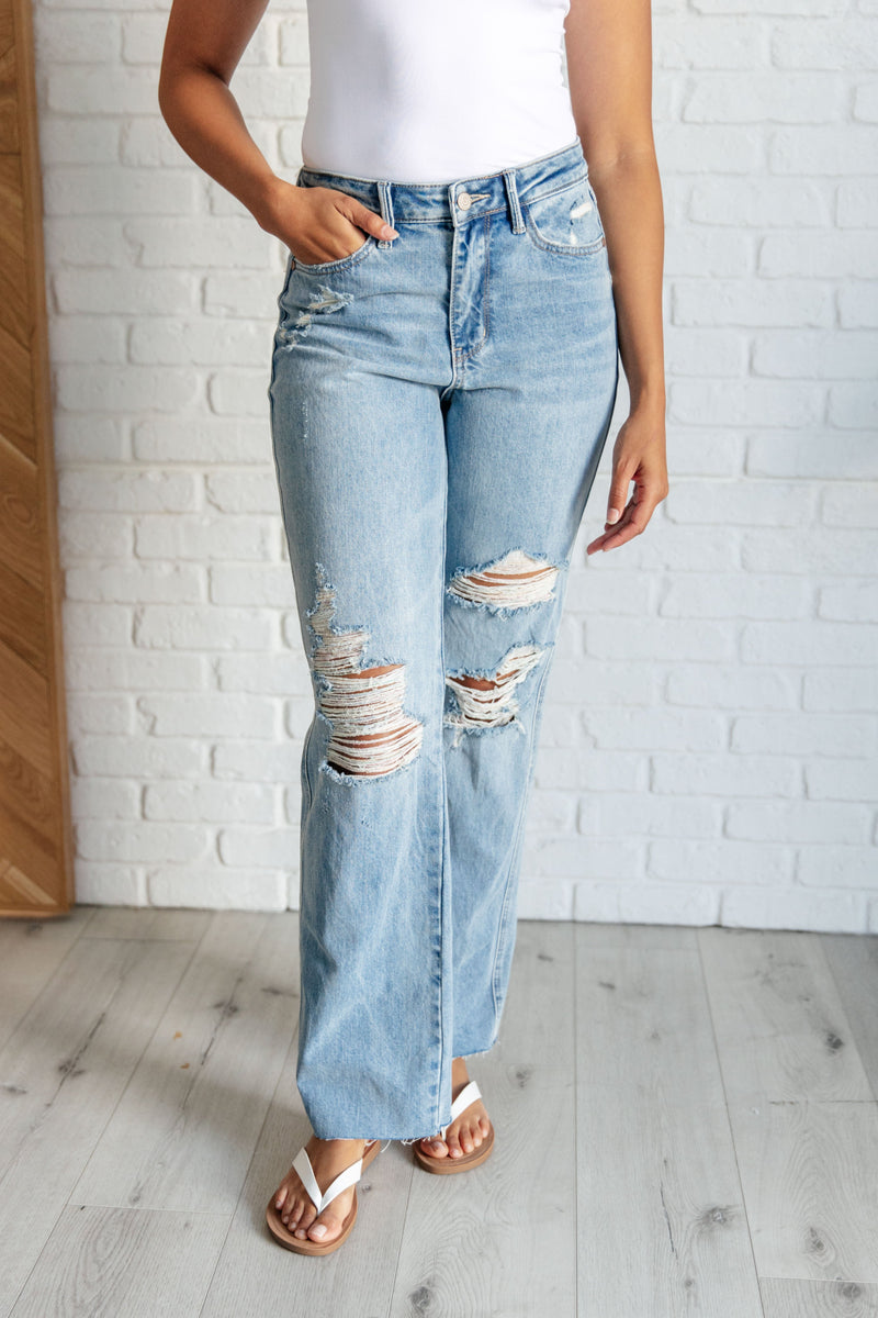 Hazel Blues® |  Ramona High Rise Rigid Magic Destroyed Straight Jeans