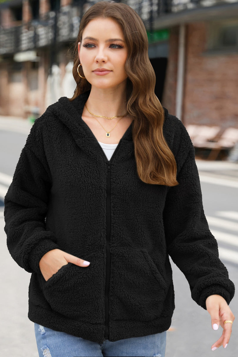 Hazel Blues® |  Zip Up Long Sleeve Fuzzy Hooded Outerwear