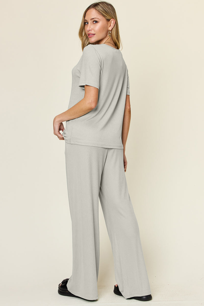 Hazel Blues® |  Double Take Round Neck Short Sleeve T-Shirt and Wide Leg Pants Set