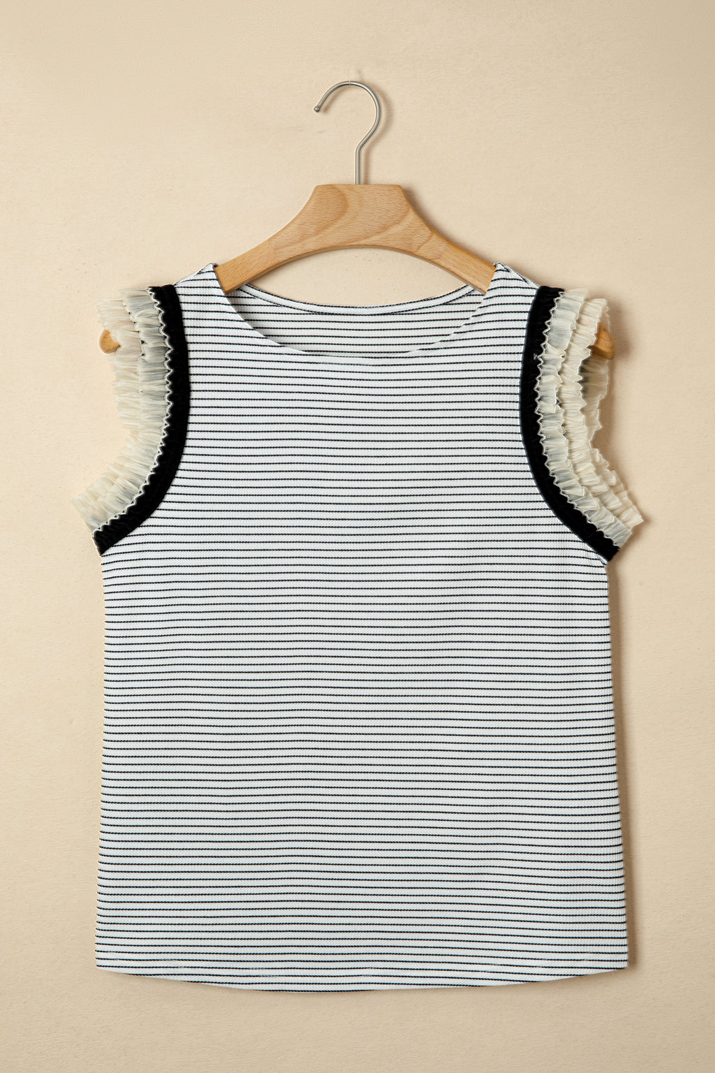 Black Striped Contrast-Trim Ruffle Tank
