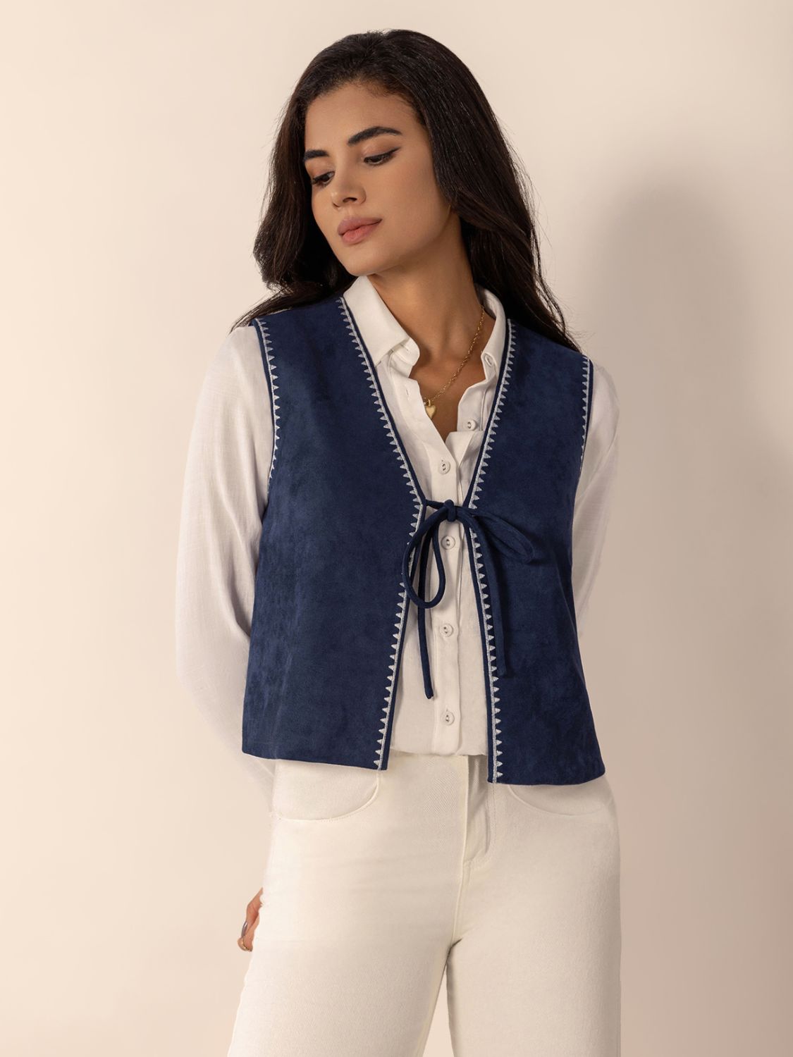 Hazel Blues® |  Tied Contrast Trim Vest