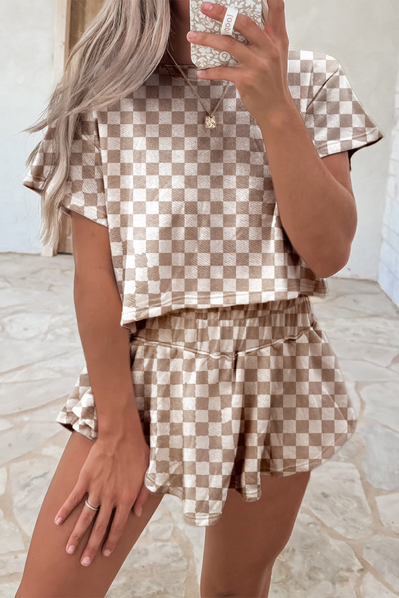 Hazel Blues® |  Brown Checkerboard T Shirt and High Waist Skorts 2 Piece Outfit