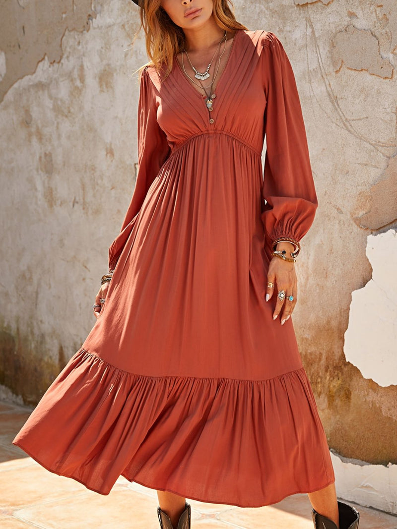 Hazel Blues® |  Ruched V-Neck Long Sleeve Midi Dress
