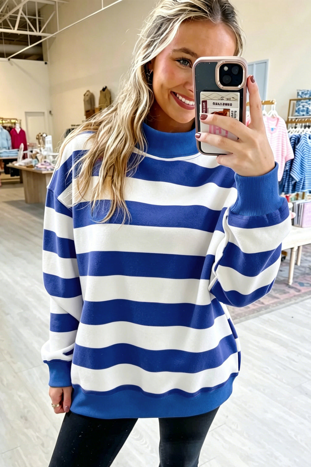 Blue Stripe Color-Block Mock-Neck Relaxed Sweatshirt