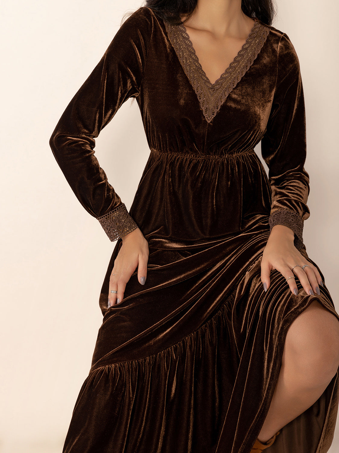 Hazel Blues® |  Lace Detail V-Neck Long Sleeve Maxi Dress