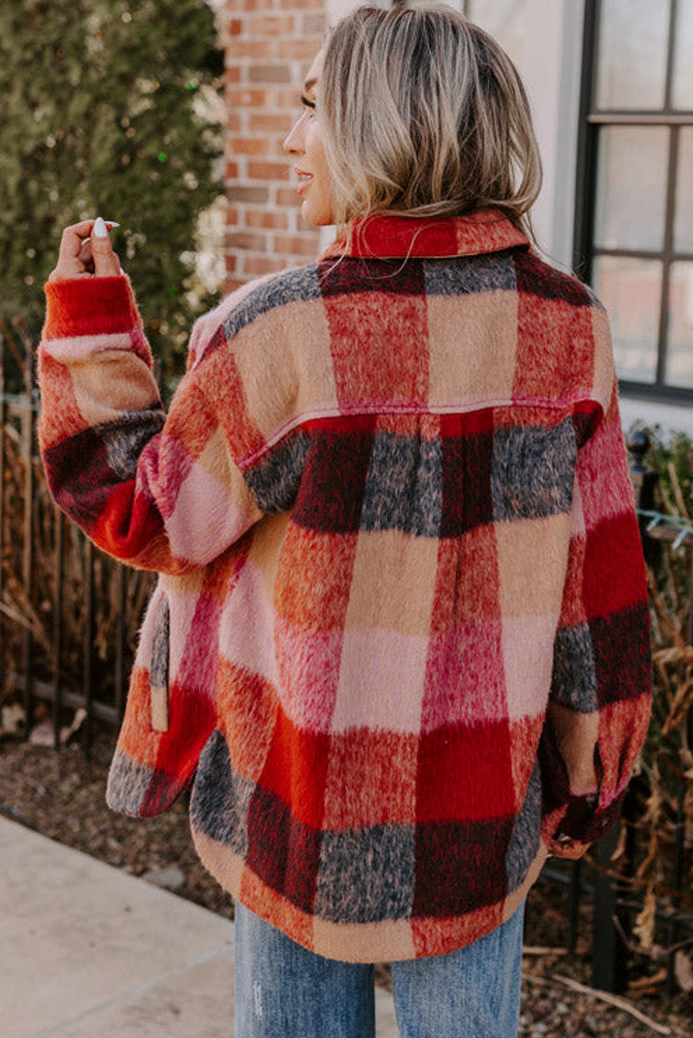 Orange Plaid Print Flap Pockets Buttoned Casual Jacket