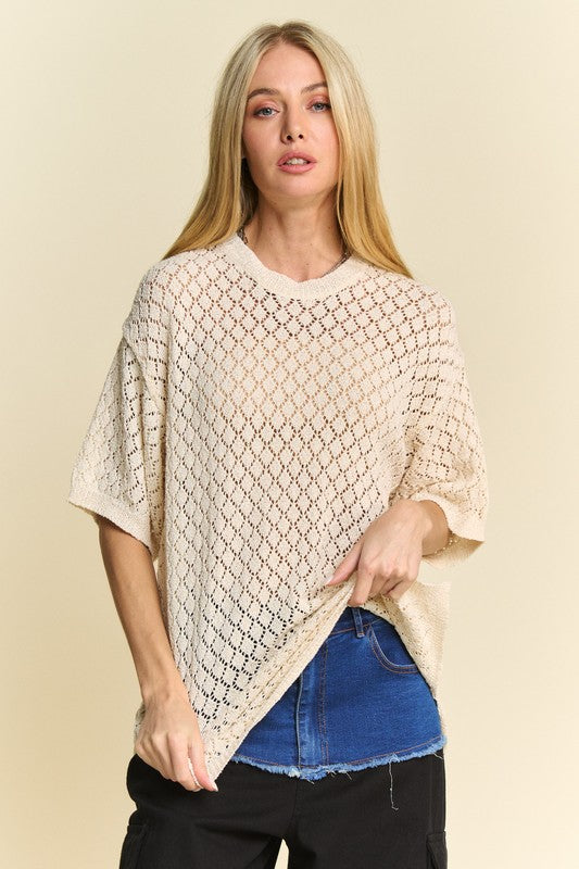 Hazel Blues® |  Davi & Dani Side Slit Openwork Round Neck Half Sleeve Knit Cover Up