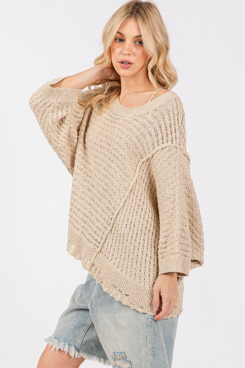 Hazel Blues® |  SAGE + FIG Distressed Asymmetrical Open Stitch Sweater