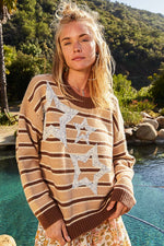 Hazel Blues® |  POL Star Patch Stripe Round Neck Sweater