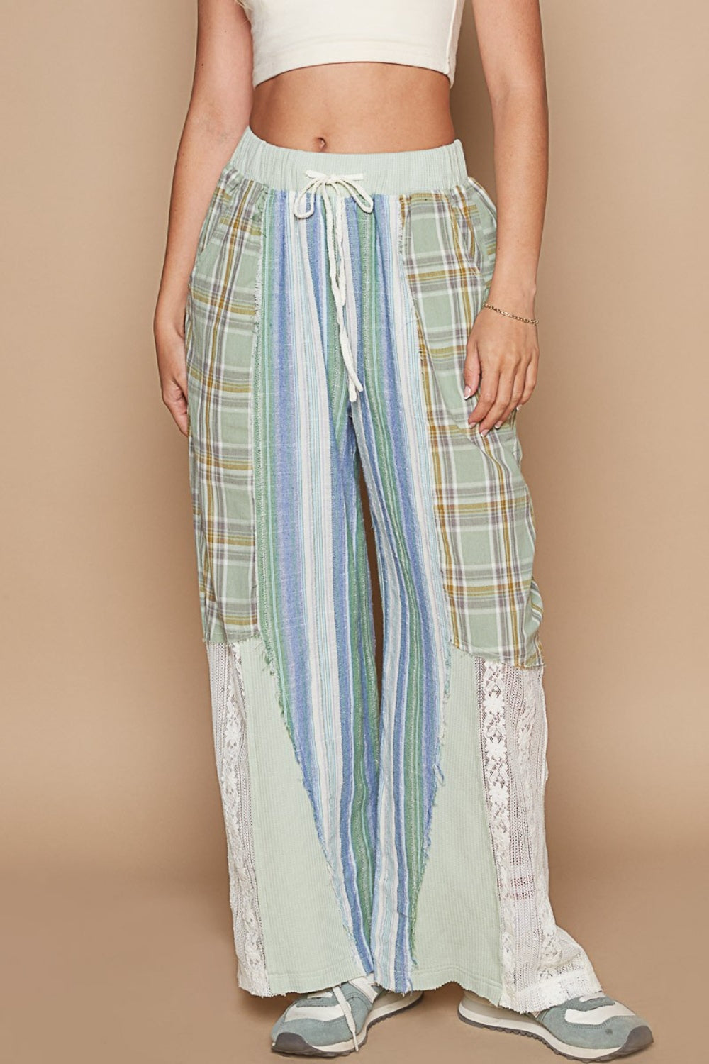 Hazel Blues® |  POL Drawstring Plaid Print Lace Straight Pants