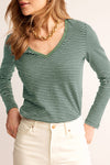 Hazel Blues® |  Green Stripe V Neck Stretchy Long Sleeve Top