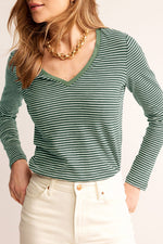 Hazel Blues® |  Green Stripe V Neck Stretchy Long Sleeve Top