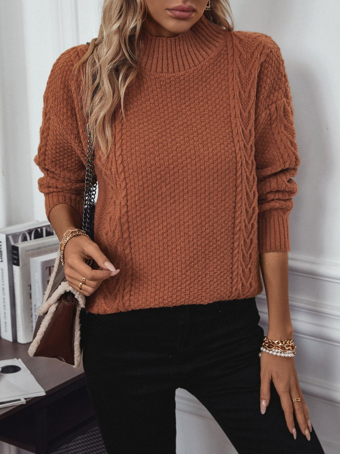 Hazel Blues® |  Cable-Knit Mock Neck Long Sleeve Sweater